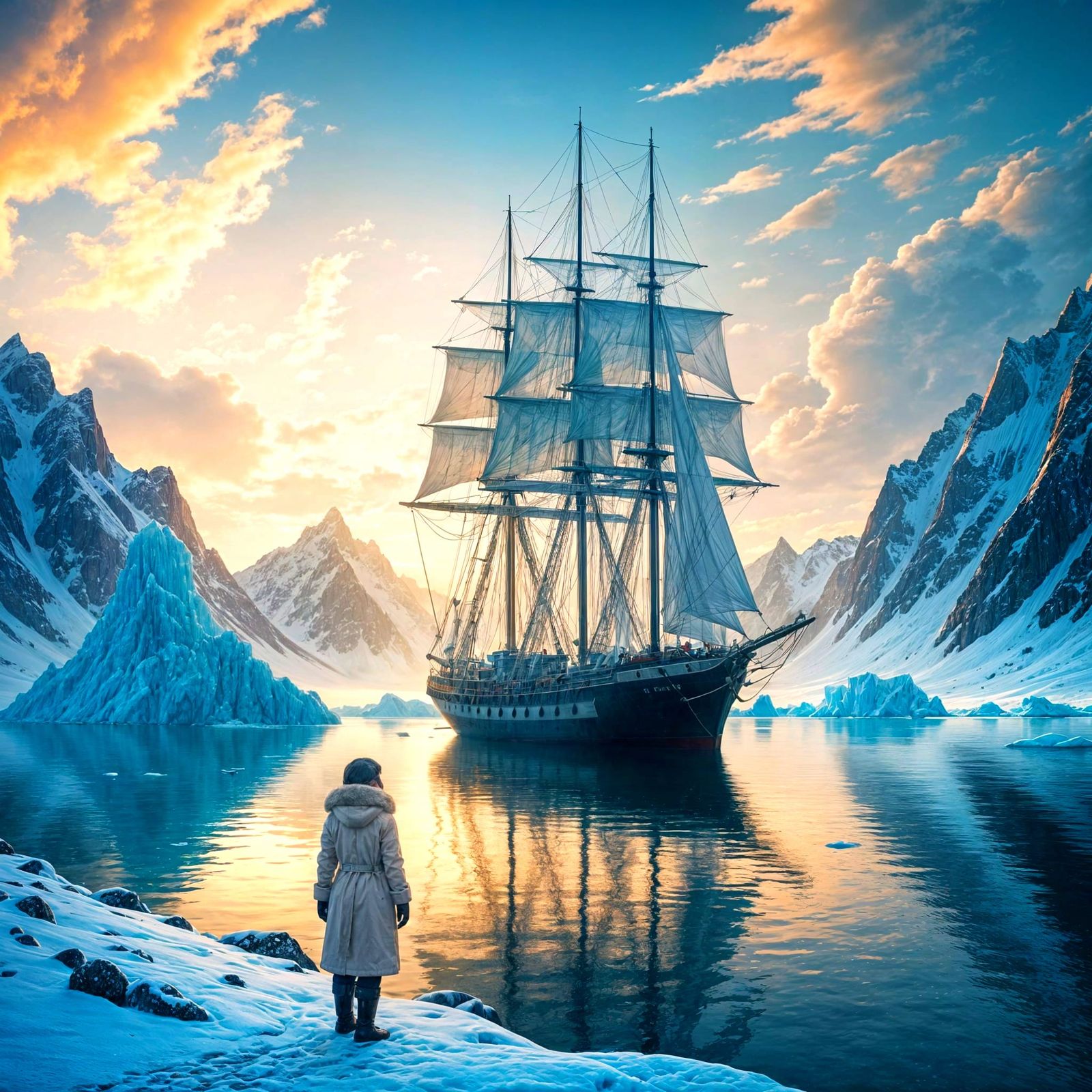 Winter Dawn with Majestic Tall Ship
