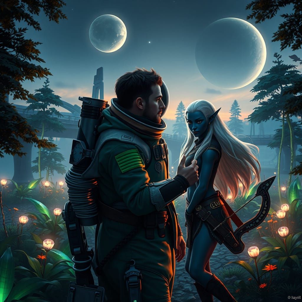 Astronaut Meets Drow in Ethereal Forest, Symbolizing First C...