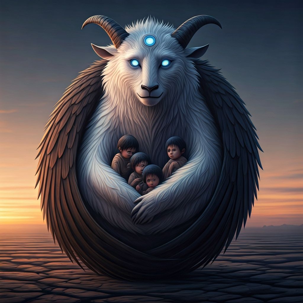 Horned Sky Beast Shelters Orphans in Binary Sunset