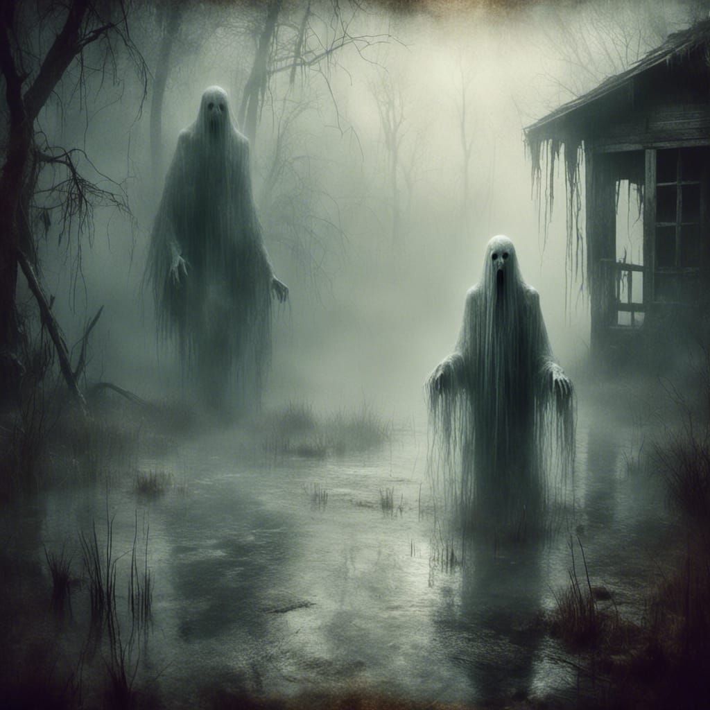 Ghostly Spirit in Swamp Haze: Terrifying Scene