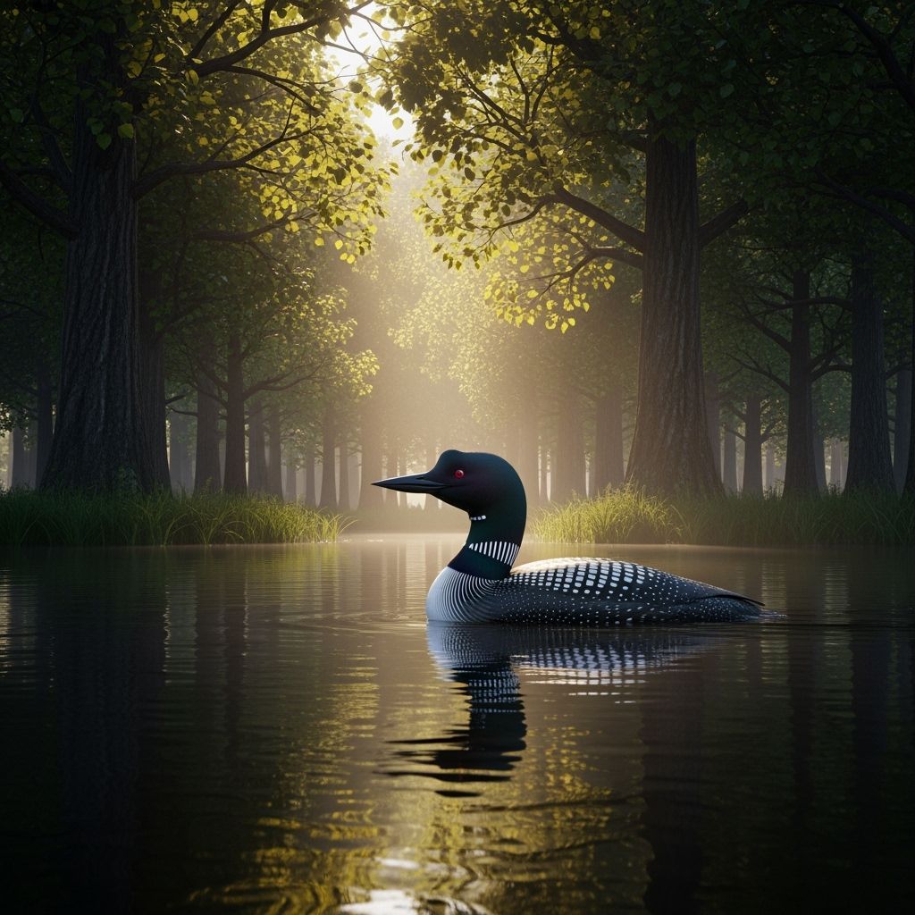 Loon on Calm Lake in Early Morning Light