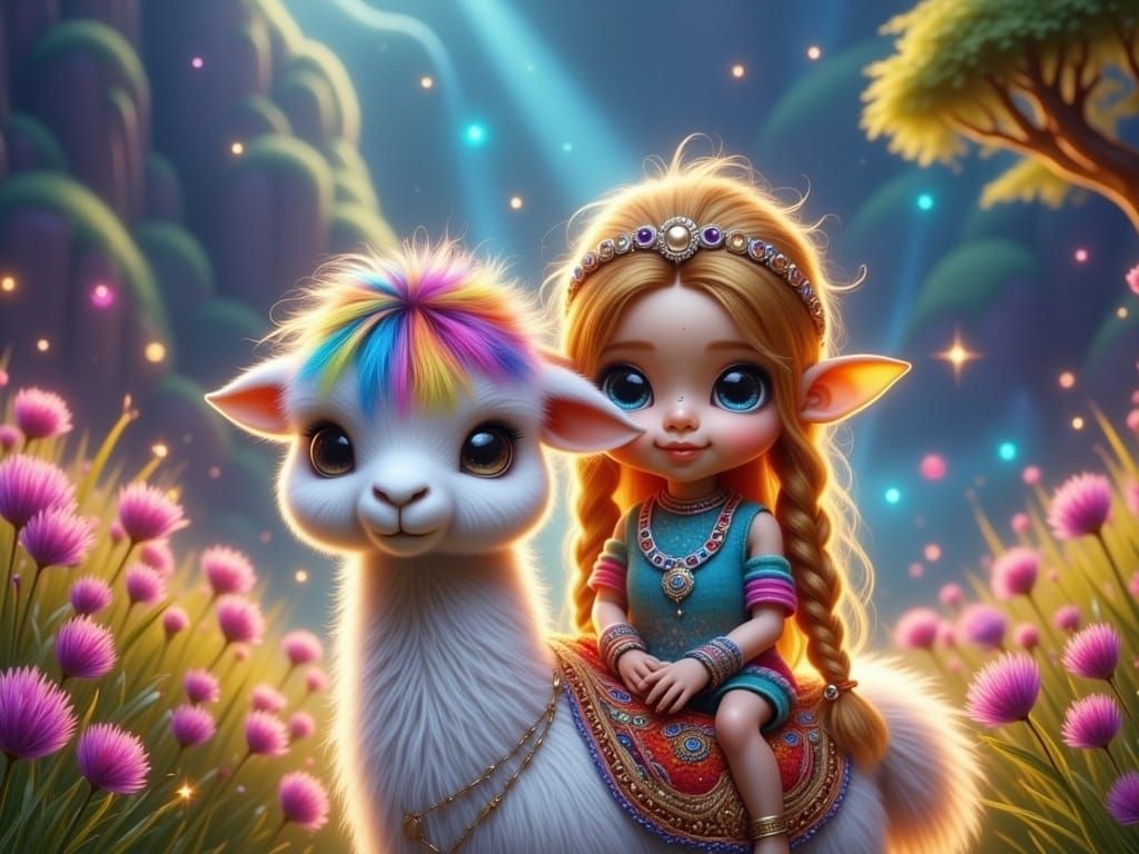 Magical Peruvian Elf and Llama Scene in Fantasy Art