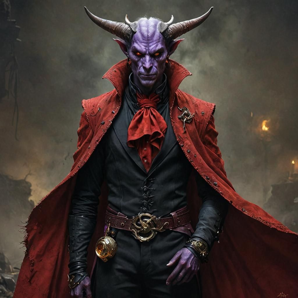 Tiefling in Worn Clothing, Hyperrealistic Fantasy Art