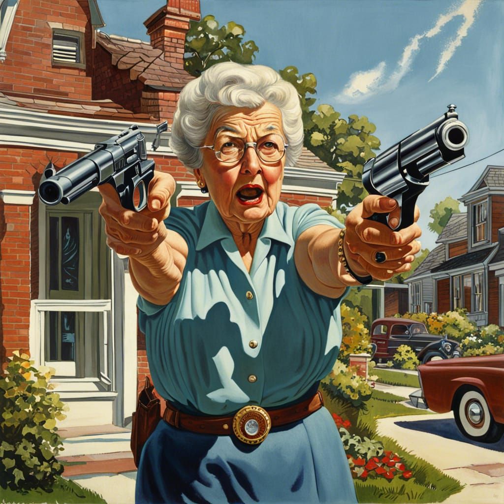 Elderly Woman with Gun in Hyperrealistic Style
