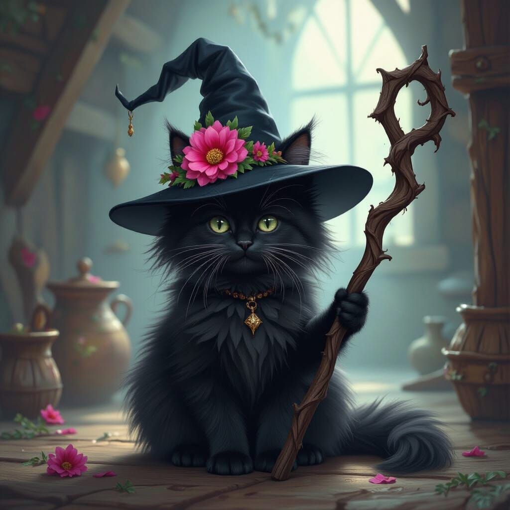 Fluffy Black Cat Witch with Flower Hat and Staff