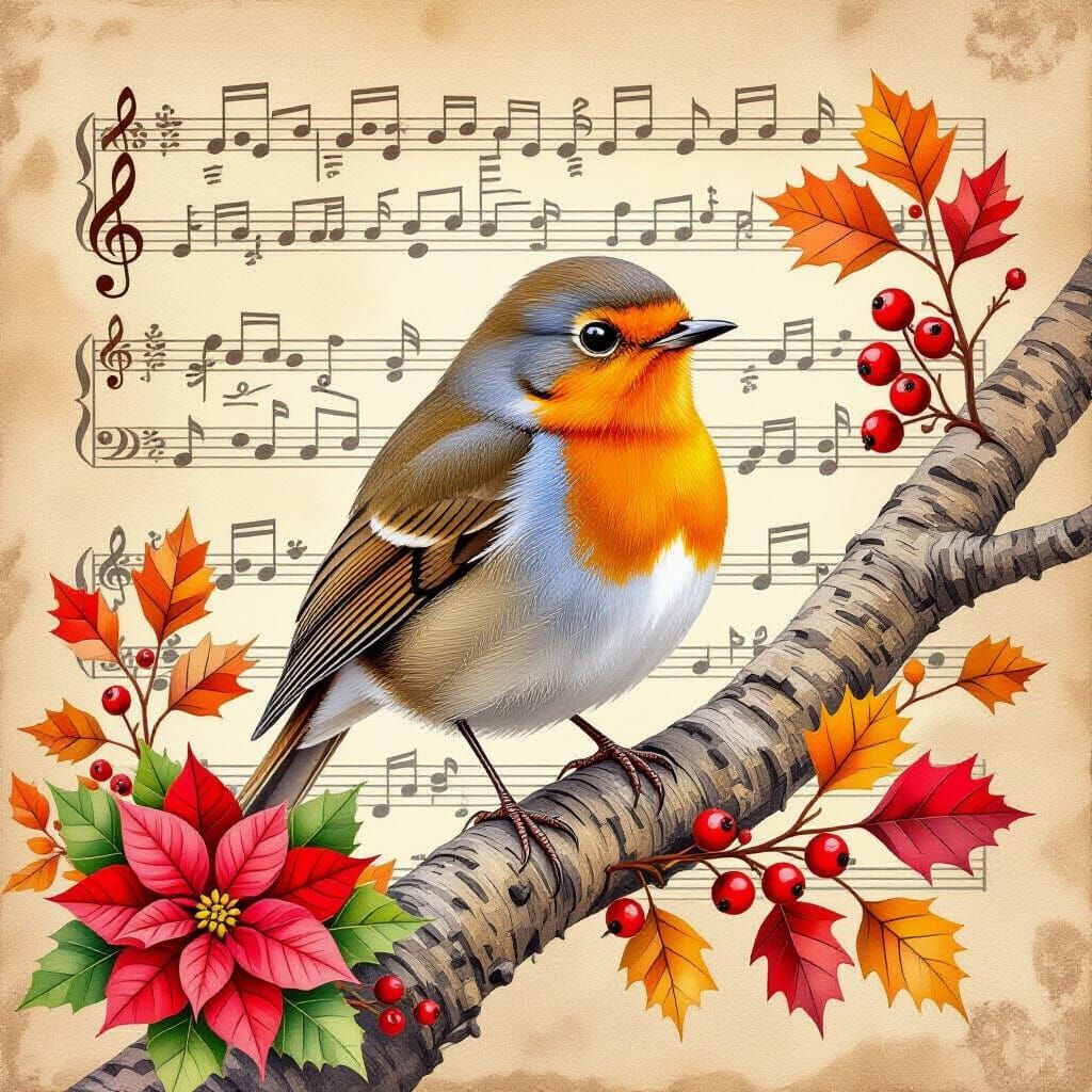 European Robin Perched on Autumnal Music Sheet