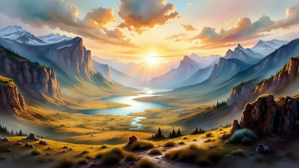 Epic Mountain River Landscape in Oil Painting Style