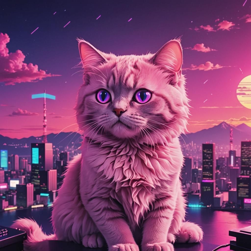 Synthwave Vaporwave Cat with Japanese Subtitles