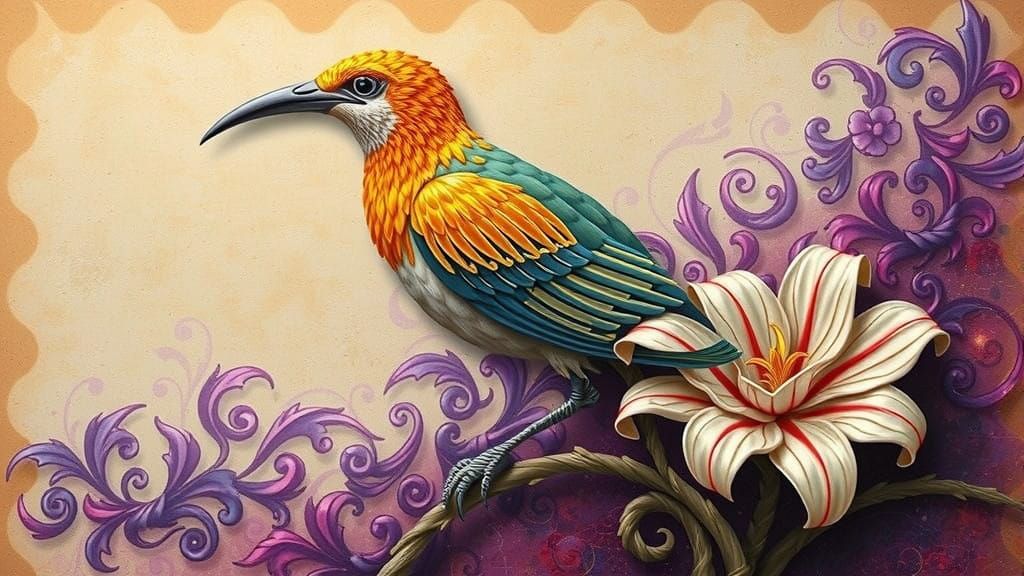 Majestic Long-Tailed Bird in Gold Embroidery