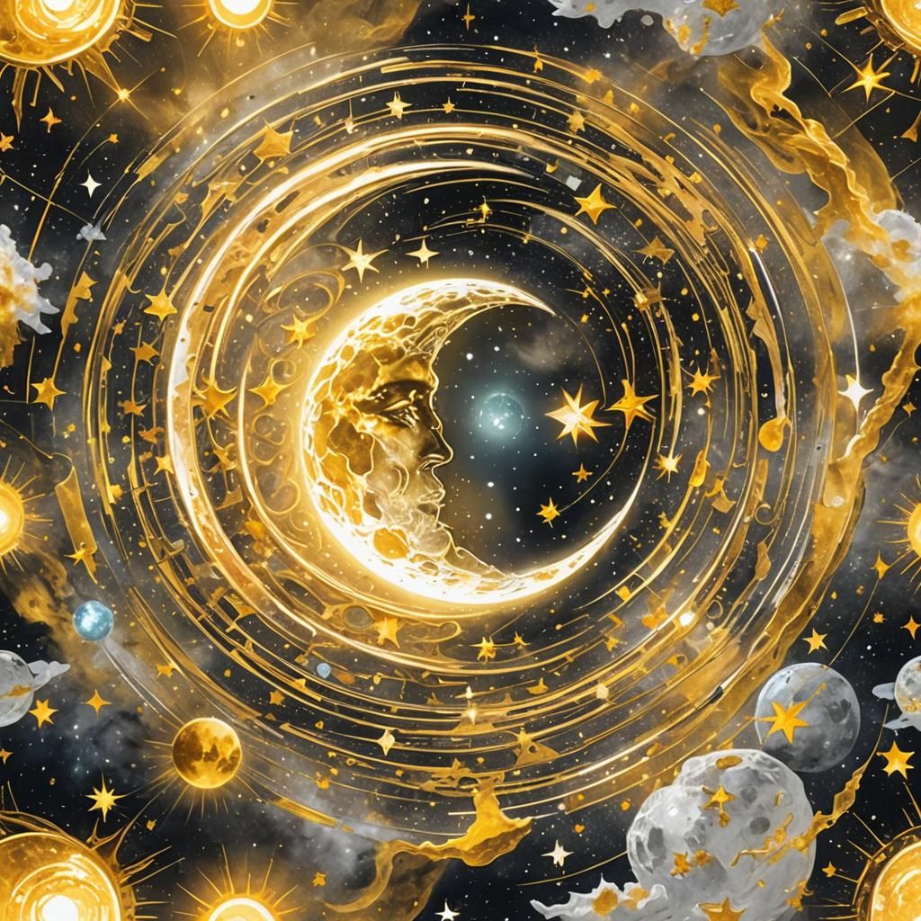 Mystical Moon in Space: Holographic Astral Illustration