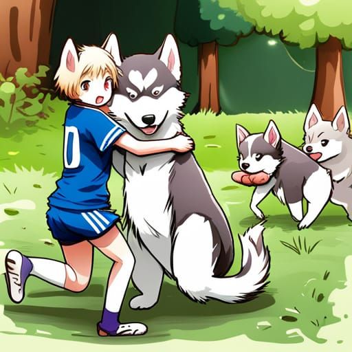 Husky Plays Soccer in Anime Style Field