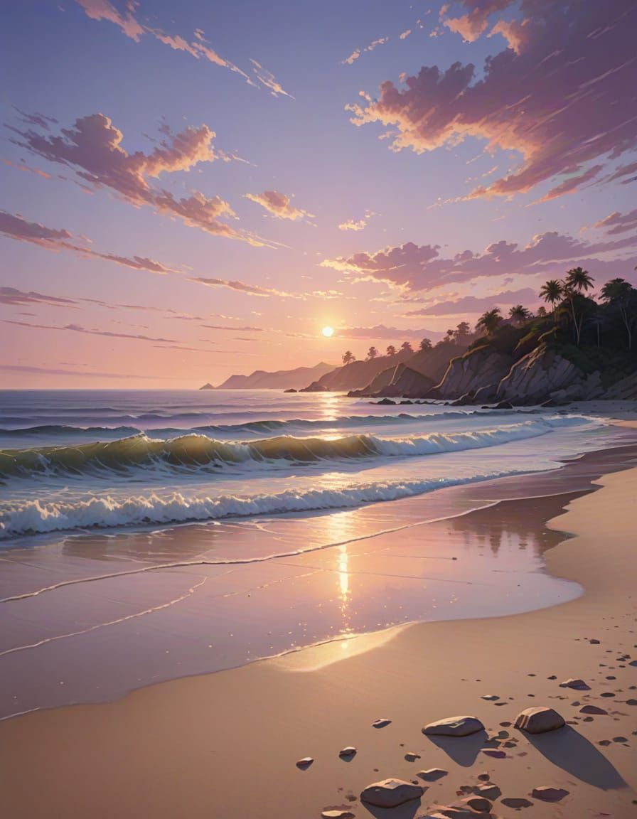 Serene Sunrise Beach with Pink and Purple Sky
