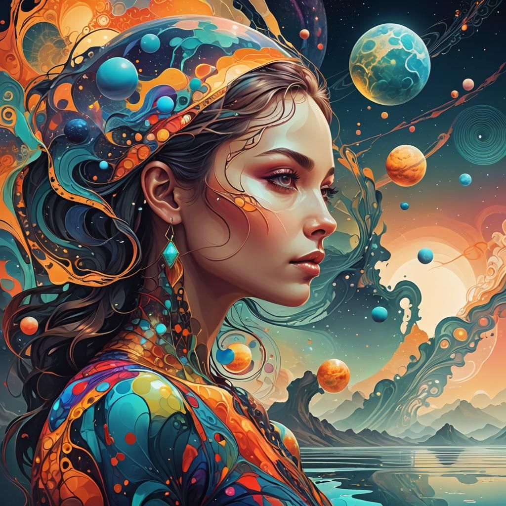 Woman's Portrait with Alien Planet Double Exposure