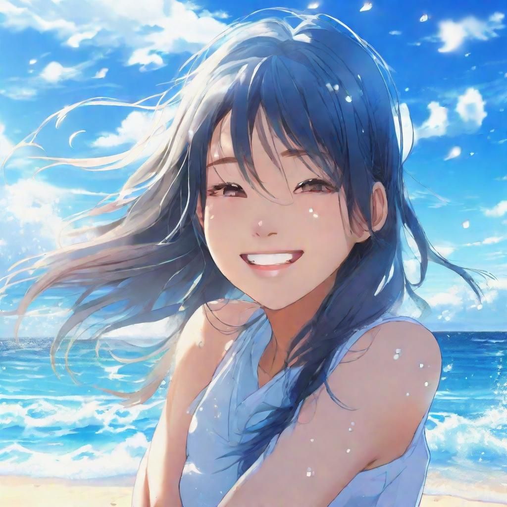 Anime Girl Smiling at the Beach in Manga Style