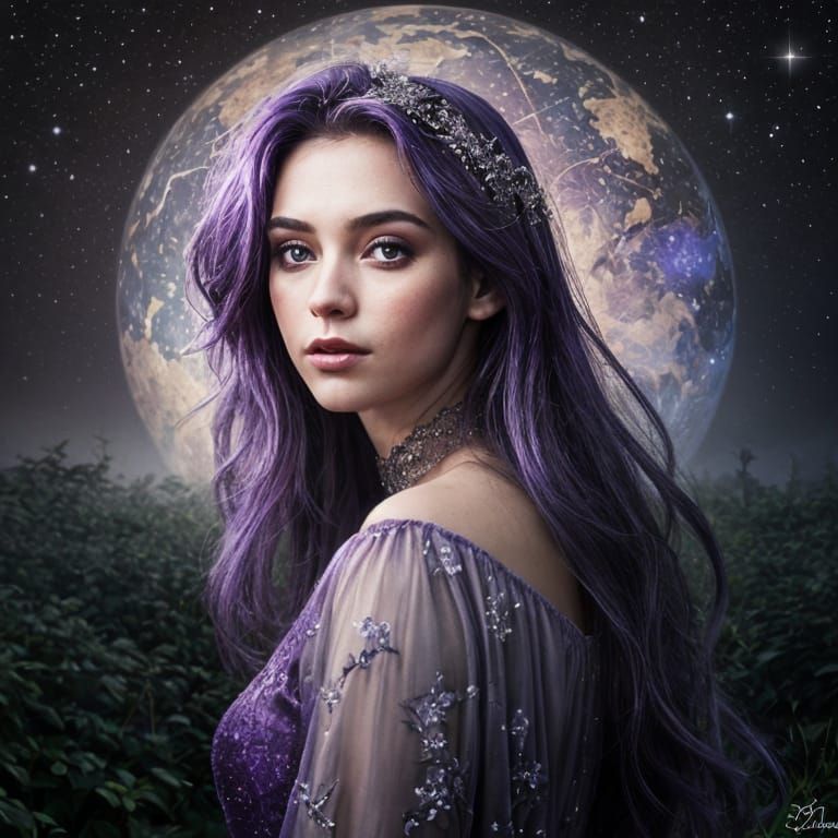 Ethereal Enchantress Portrait in Purple Expressionism