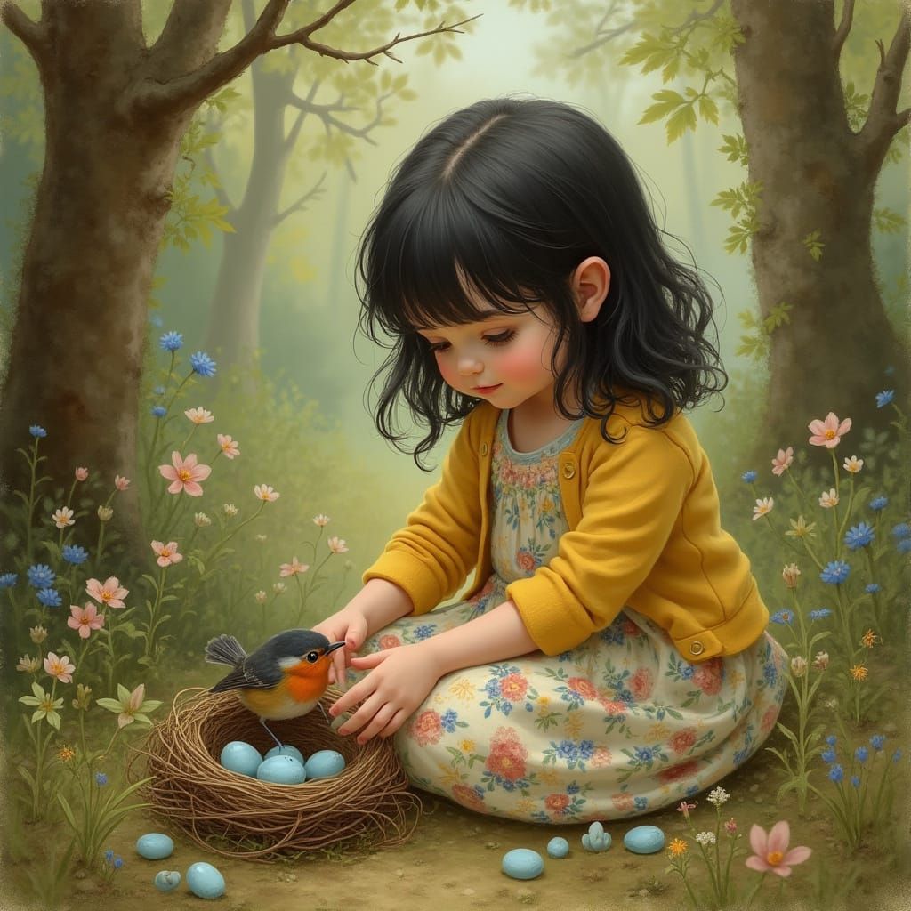 Whimsical Forest Girl Rescues Baby Robin