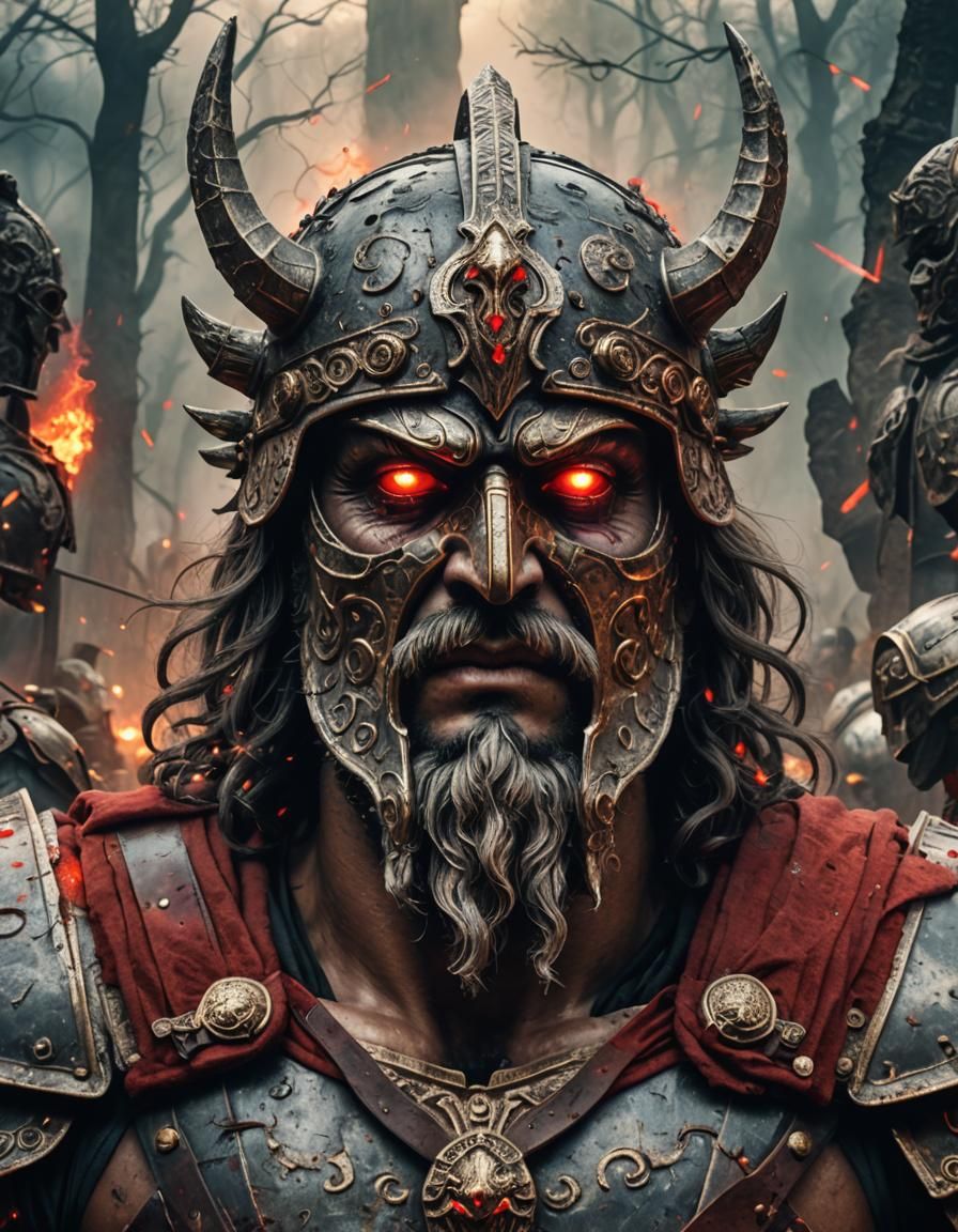 Roman War God with Glowing Eyes in Battle