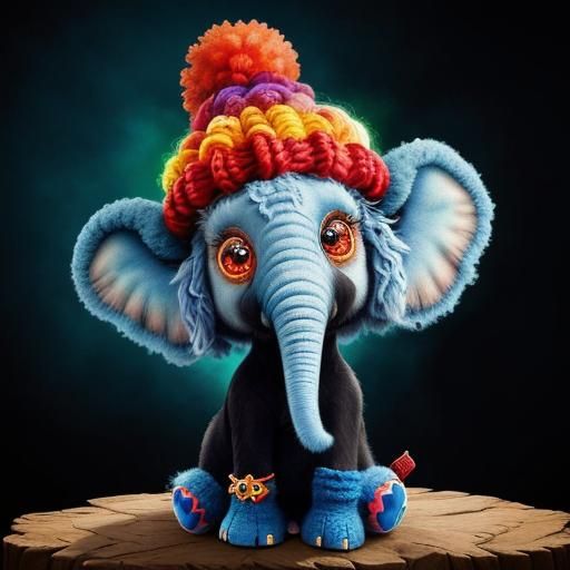 Wooly Baby Elephant with Colorful Hat in Fantasy Art