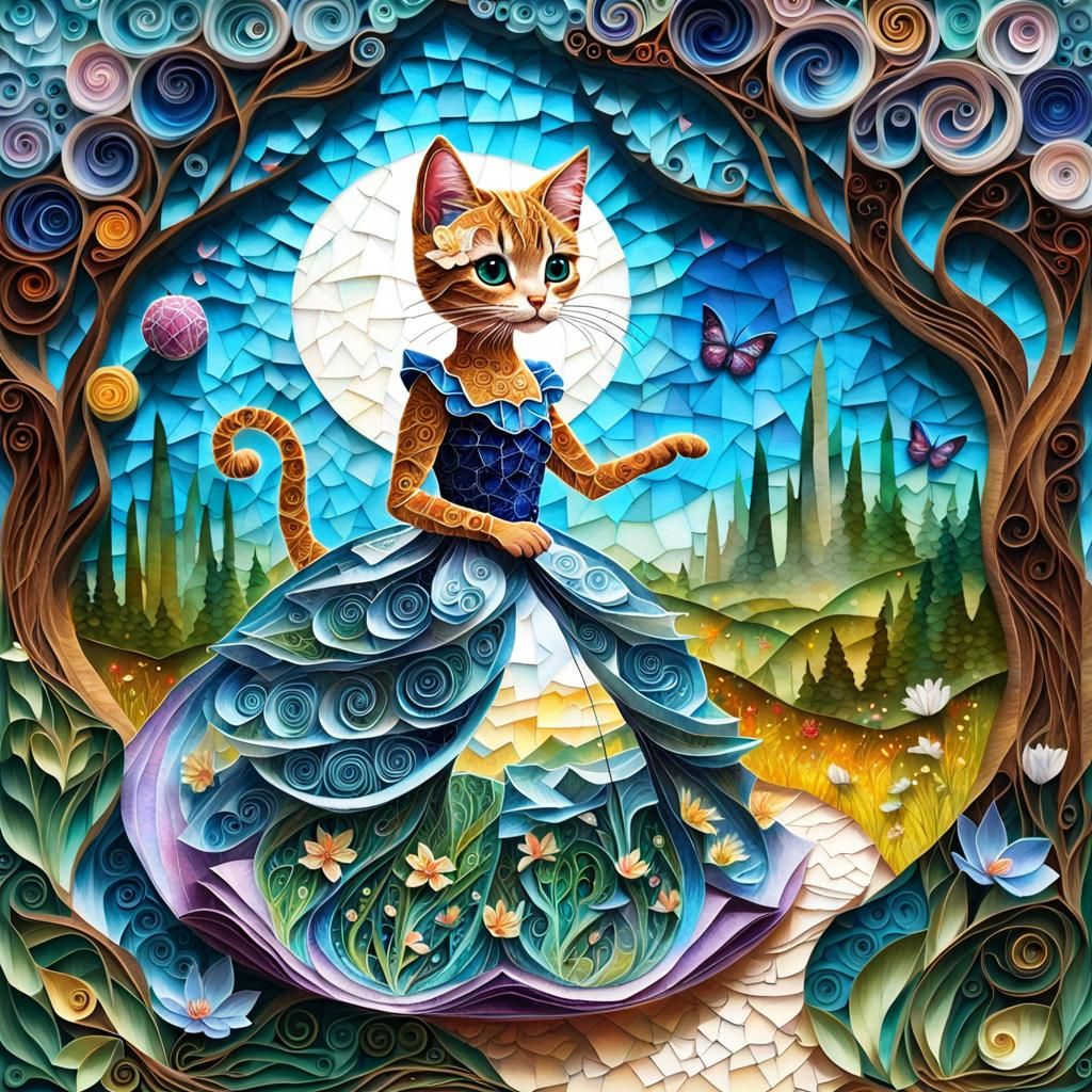 Kitten in Ballgown Papercraft Mosaic Fantasy
