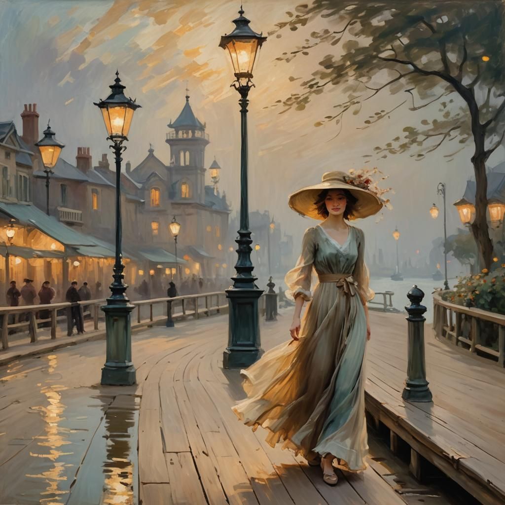Woman on Pier in Romantic Impressionism Style