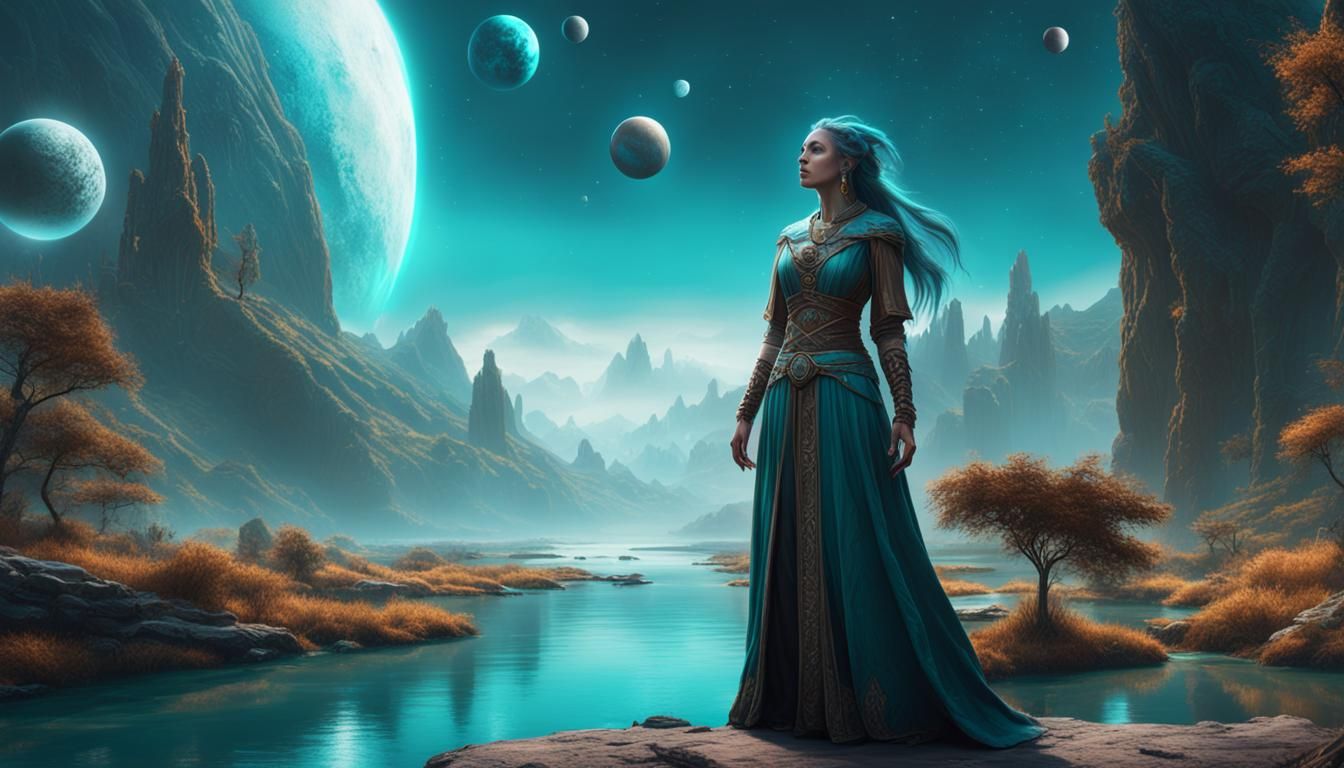 Fantasy Sorceress Gazing at Planets, Detailed Matte Painting