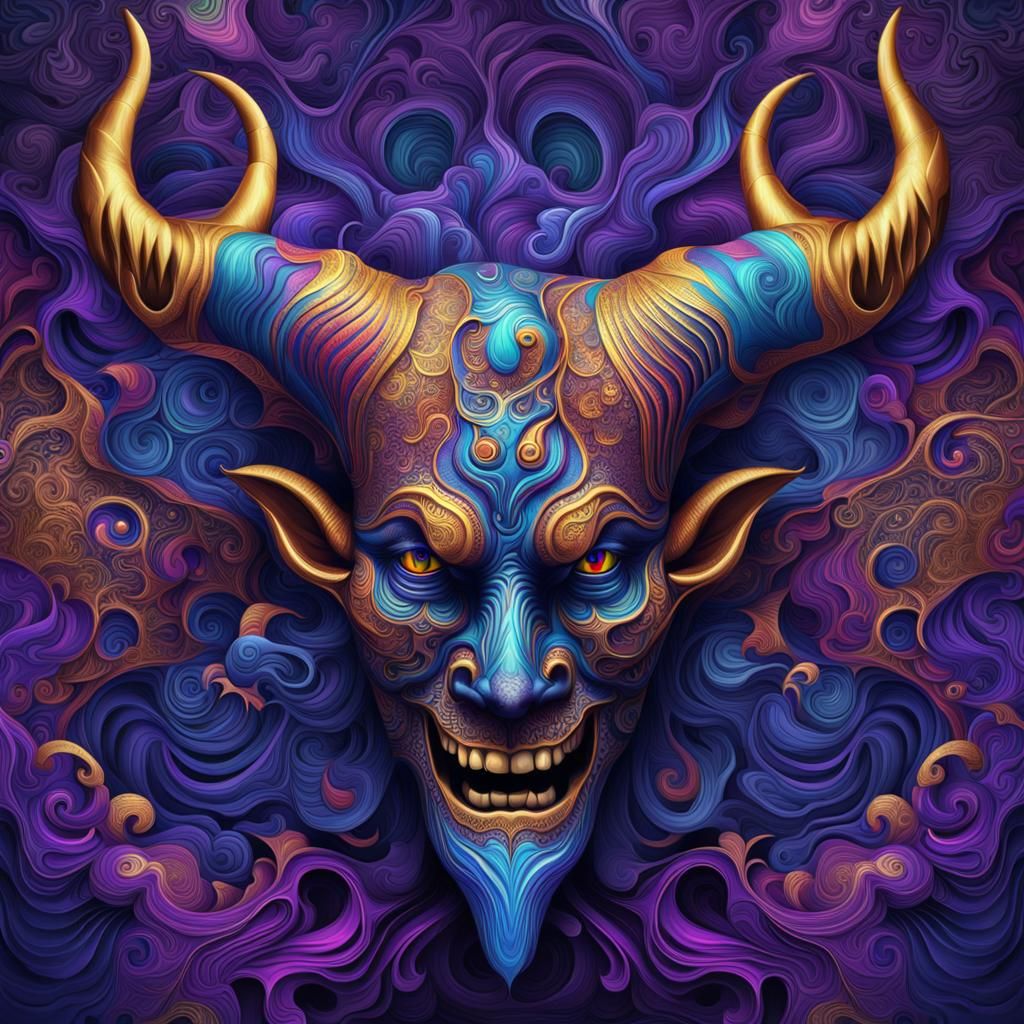Psychedelic Demon Clown Head with Vibrant Horns