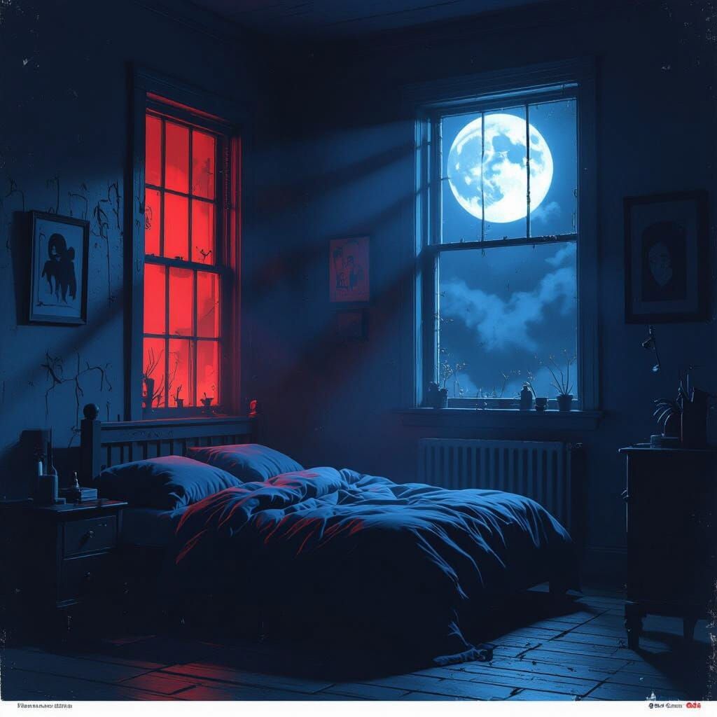 Eerie Bedroom at Night: Moonlight & Spooky Shadows