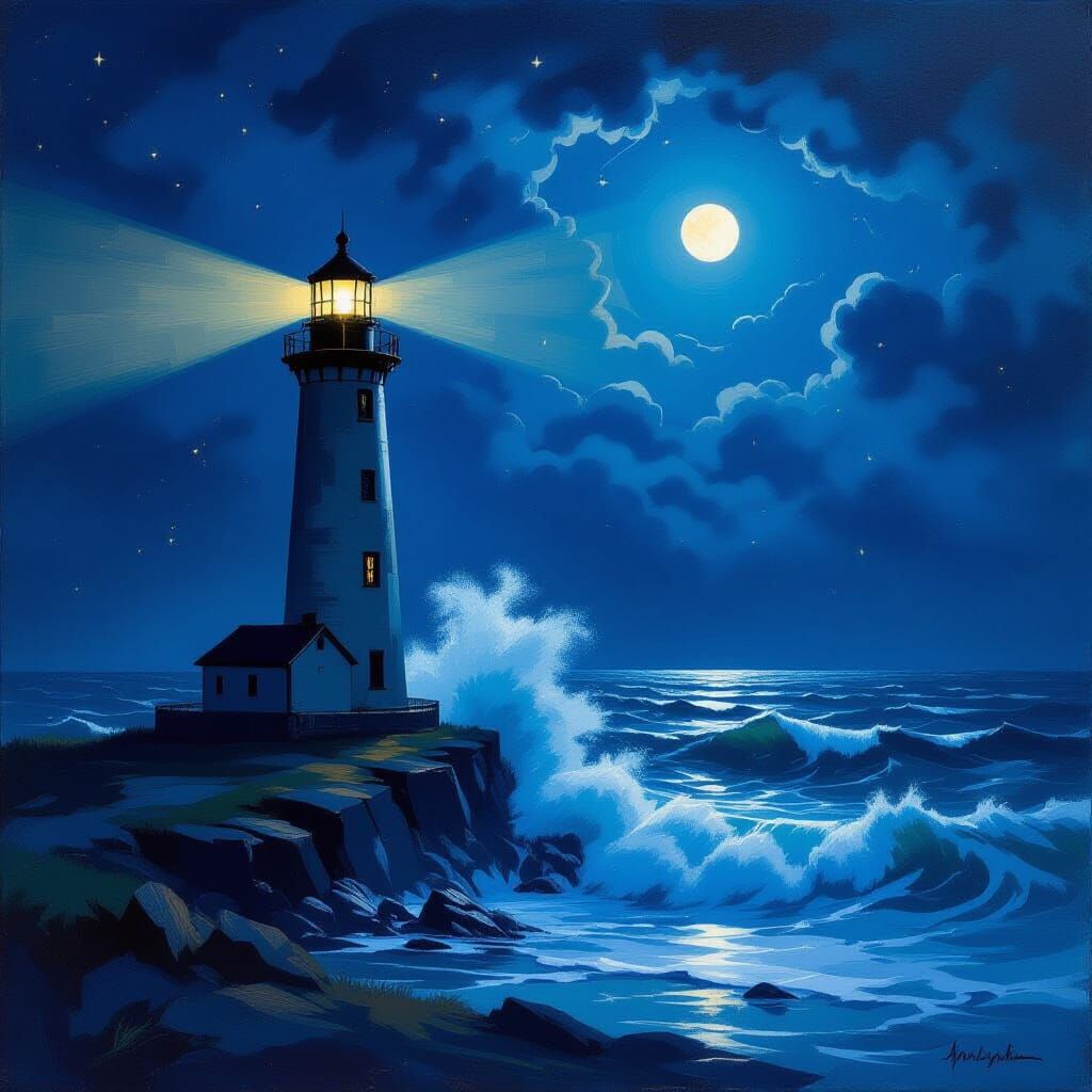 Atmospheric Lighthouse Beam on Crashing Waves