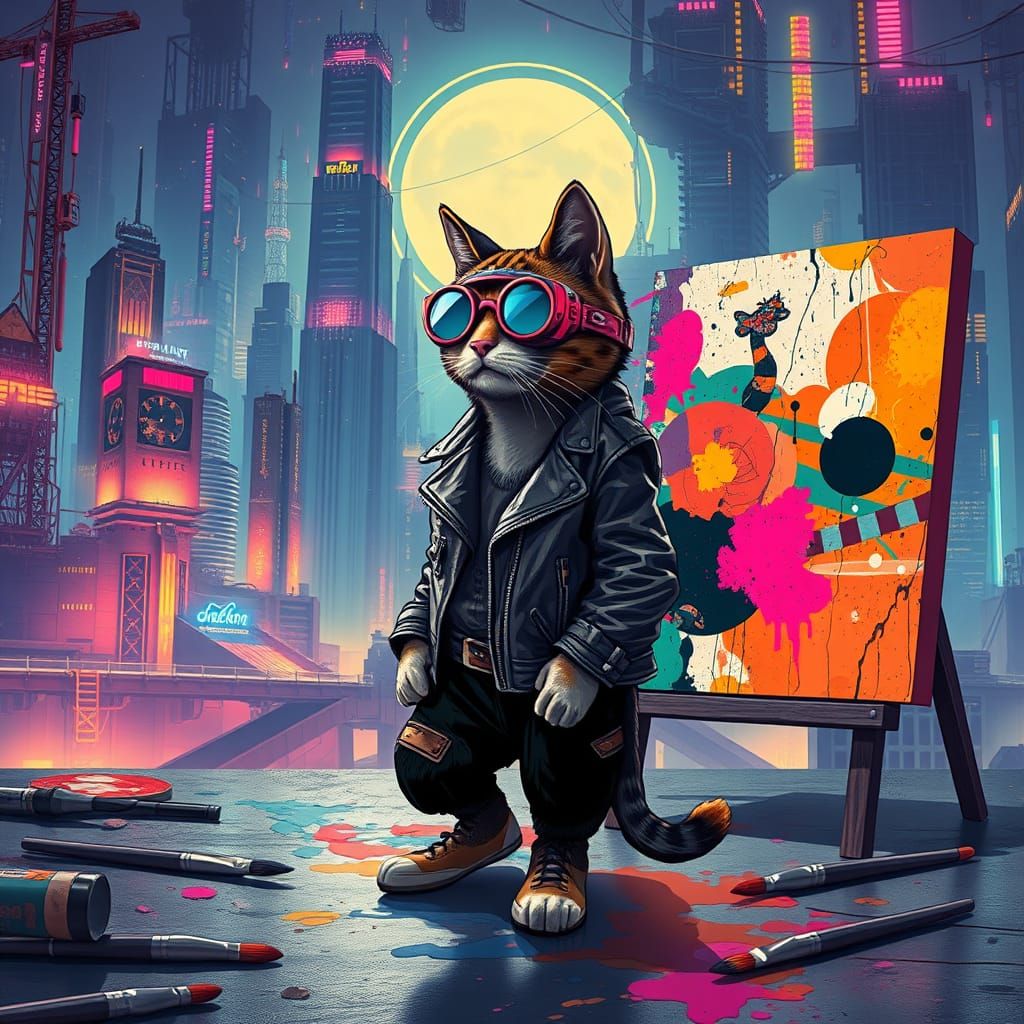 Cyberpunk Feline Artist in Neon Cityscape