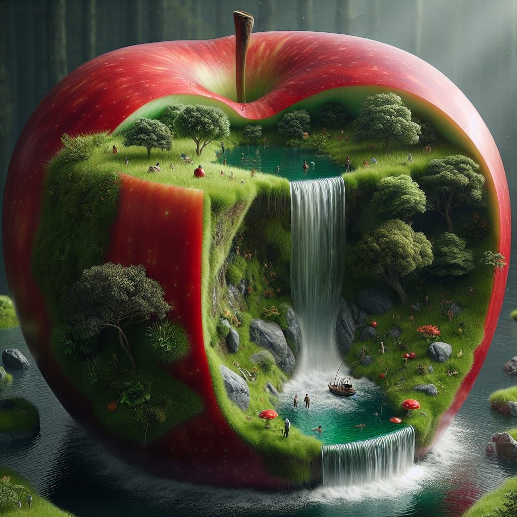 Surreal Apple World With Lush Microcosm Inside