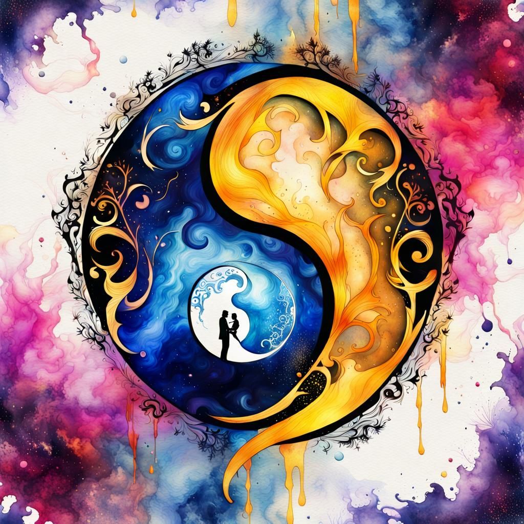 Beauty and Beast Yin Yang in Watercolor Art