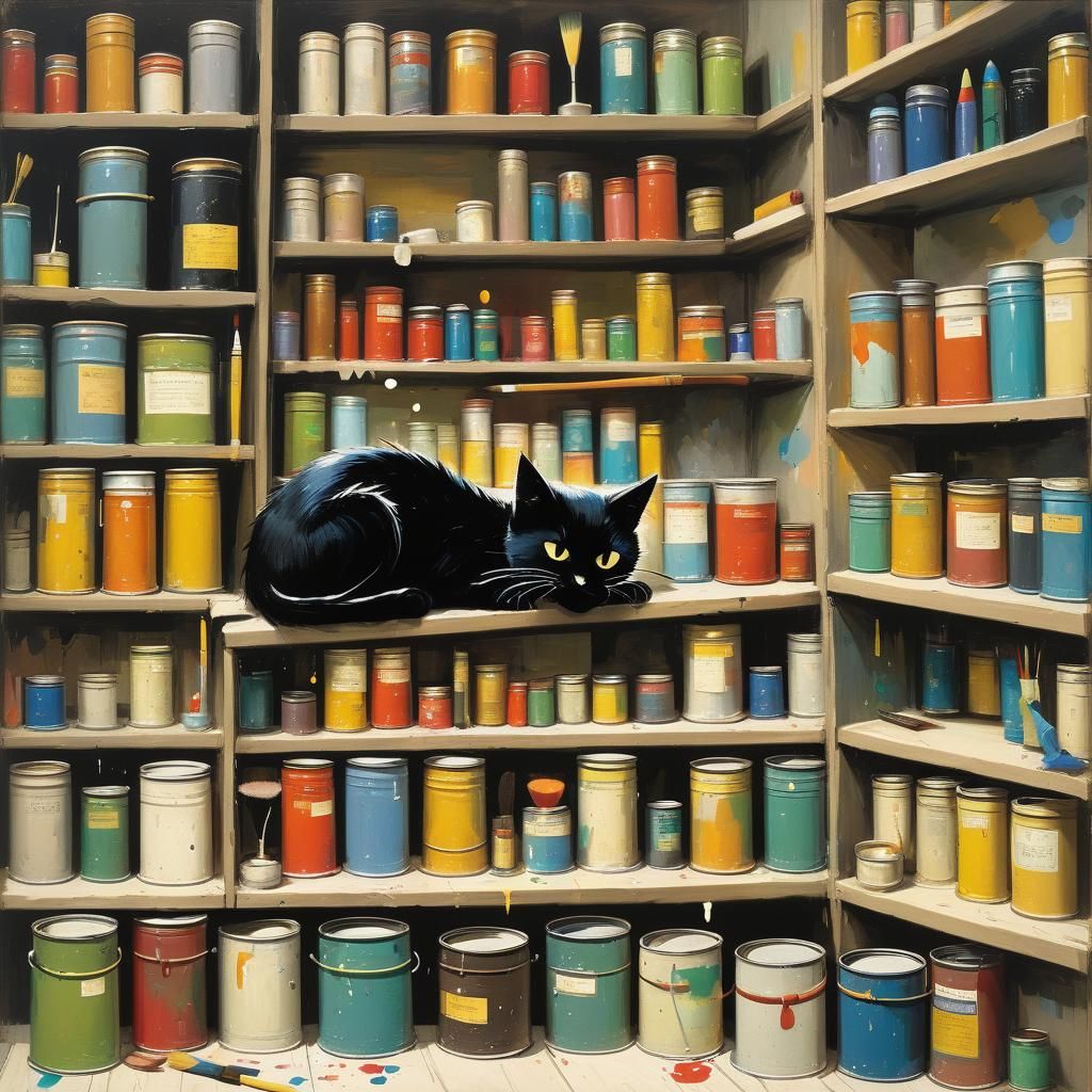 Black Cat Hiding in Museum, Storybook Illustration