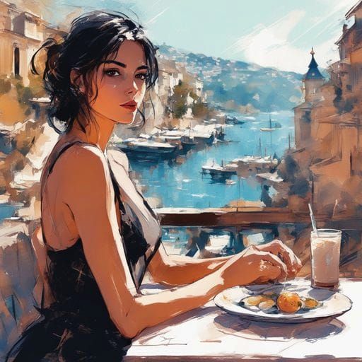 French Cafe Girl Portrait in Ink Splash Art Style