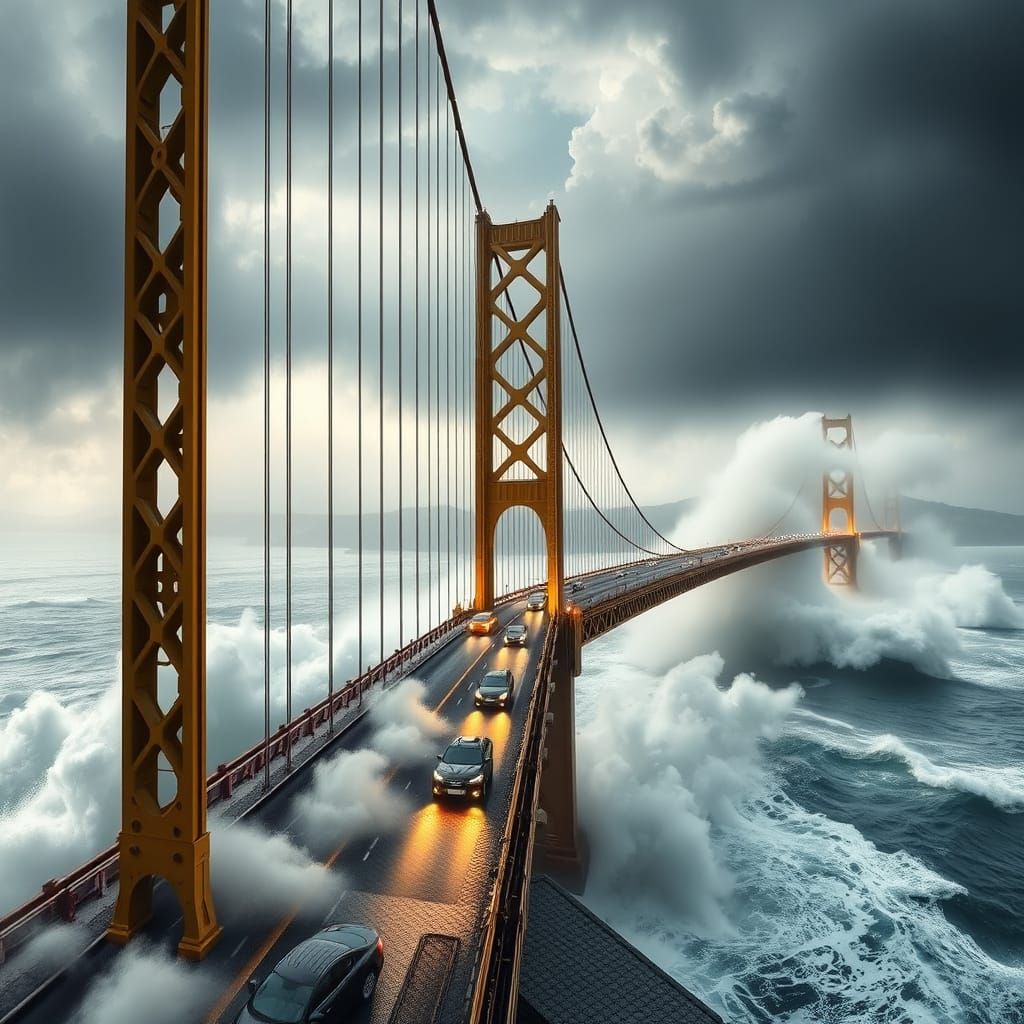 Golden Futuristic Bridge in Stormy Ocean Landscape