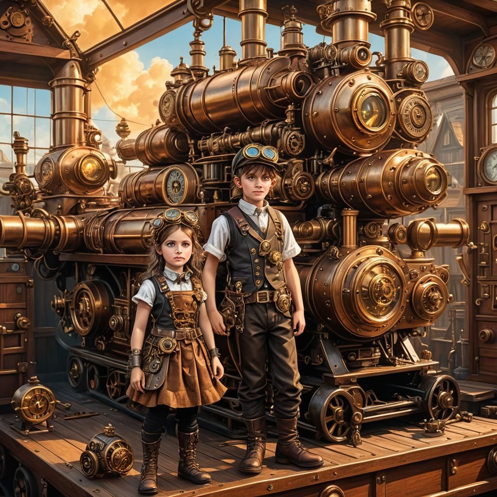 Steampunk Children on Sunny Houseboat with Creature