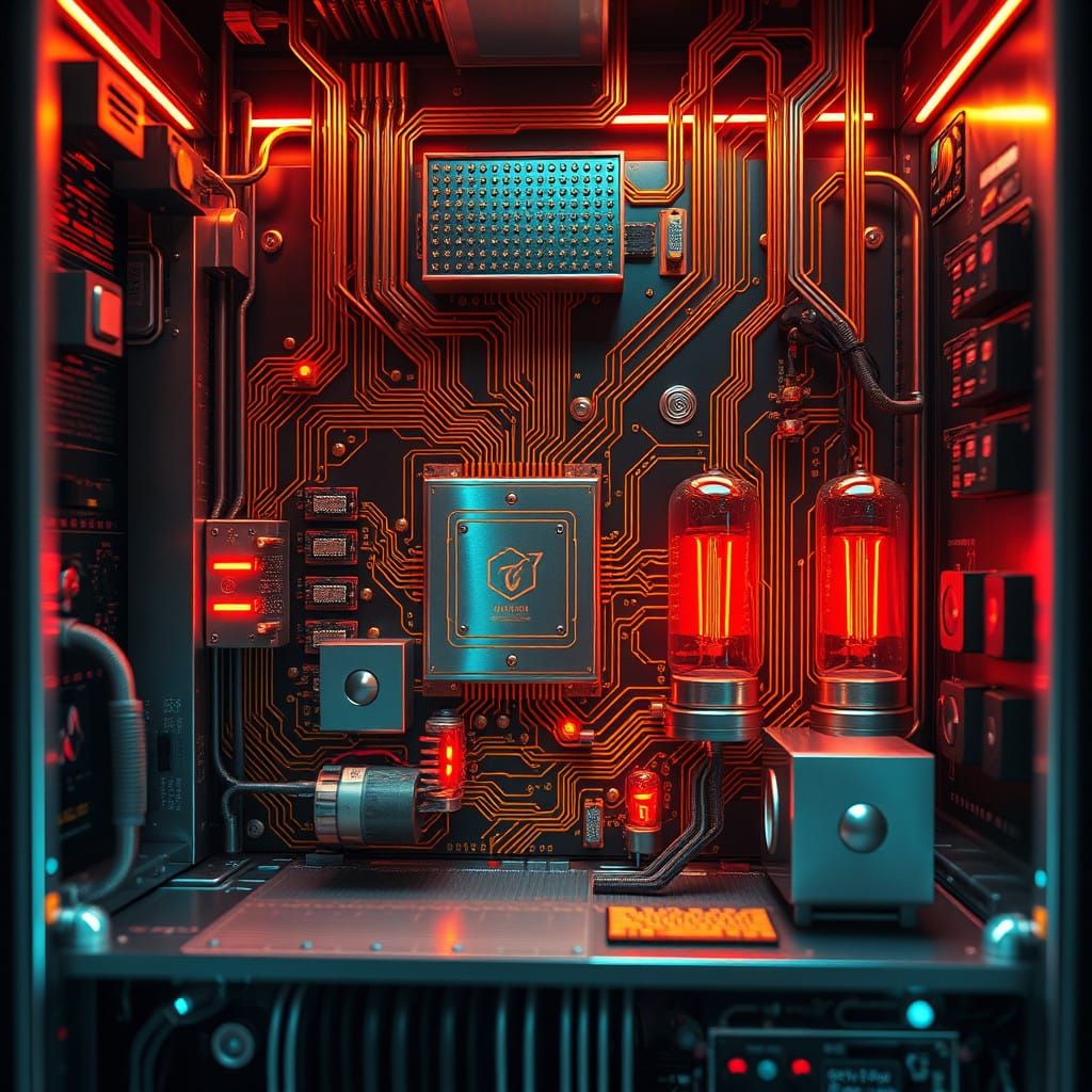 Golden Circuit Board Art in Retro-Futuristic Mainframe