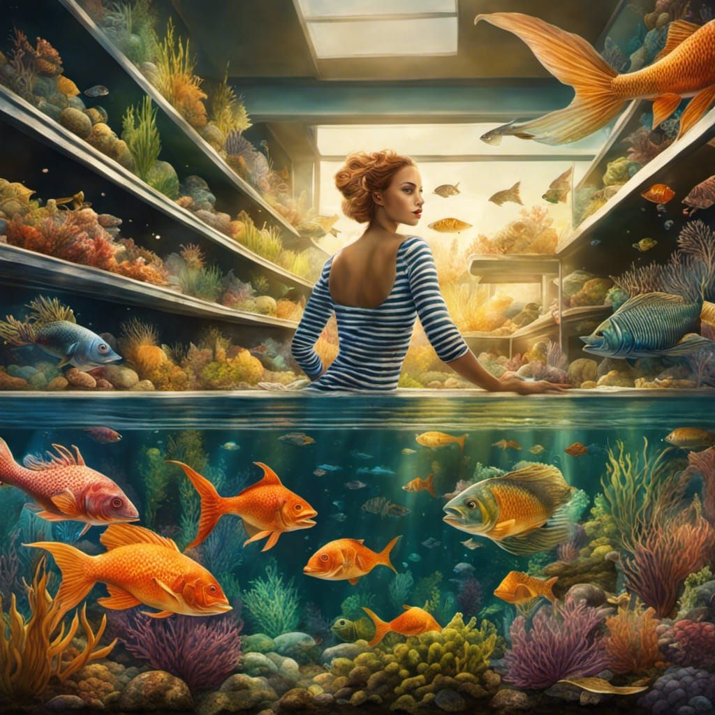 Happy Striped Mermaid in Underwater Fish Store