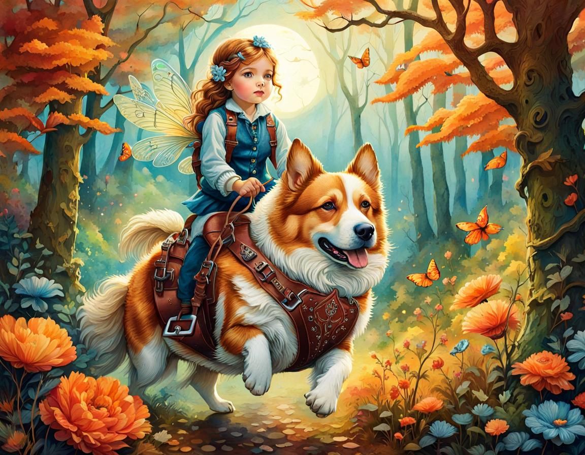 Fairy Girl Rides Corgi in Enchanted Forest Watercolor