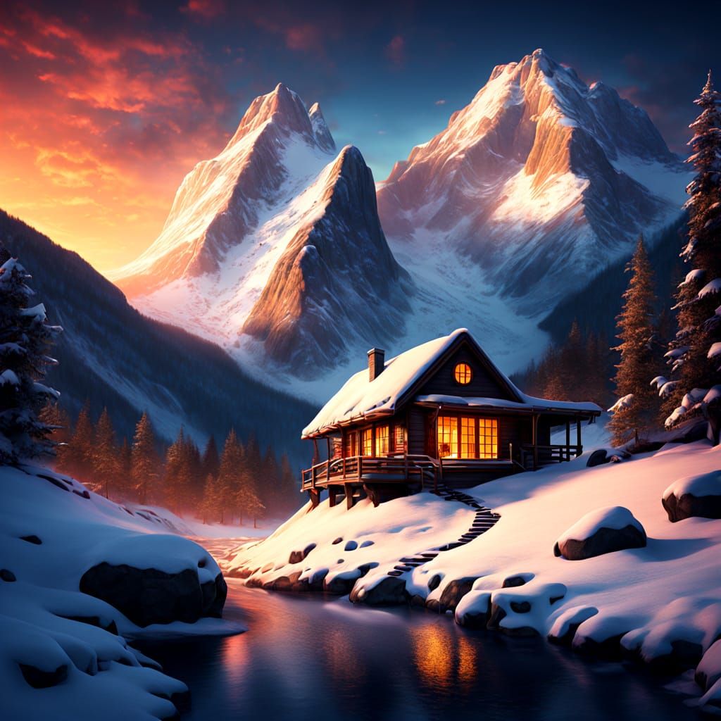 Dramatic Mountain Landscape Digital Painting with Waterfall