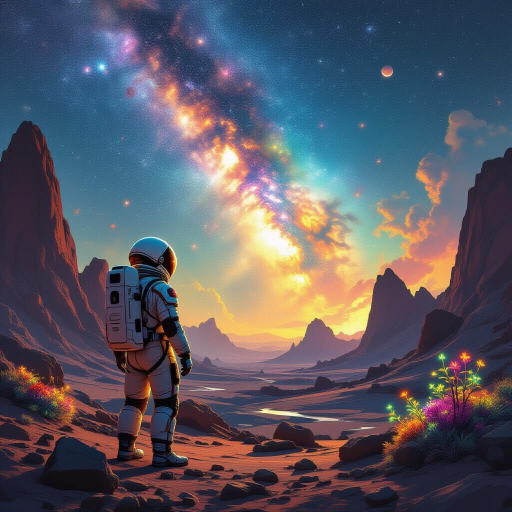 Astronaut Gazes at Alien Nebula in Sci-Fi Landscape