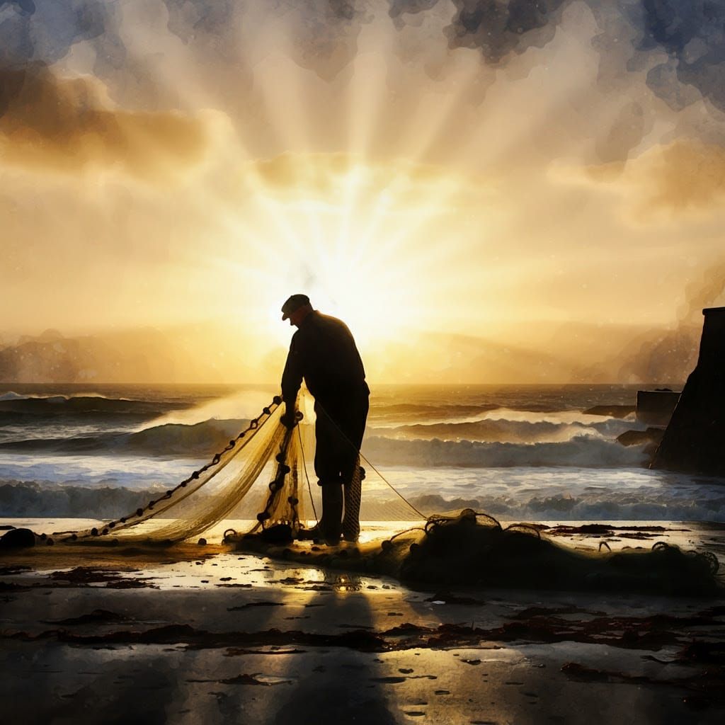 Cornish Fisherman Silhouette at Sunset, Watercolour Style