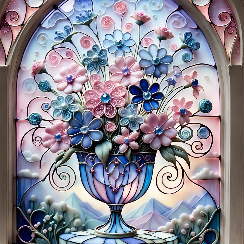 Bejeweled Floral Bouquet in Stained Glass Style