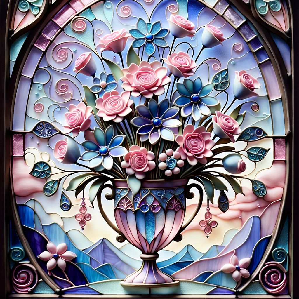 Dreamy Stained Glass Floral Bouquet in Fantasy Style
