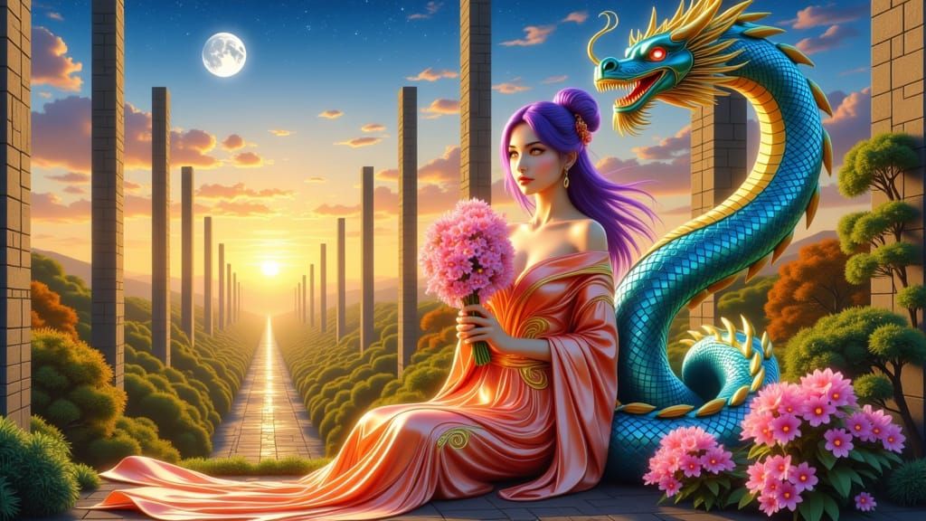 Asian Geisha Goddess with Dragon and Cherry Blossoms