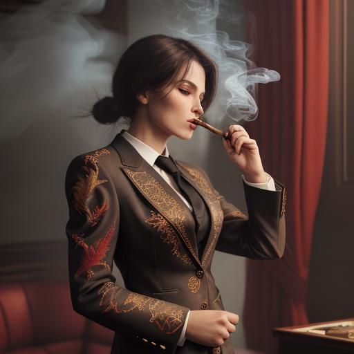 Businesswoman Smoking Cigar in Smoky Dragon Suit