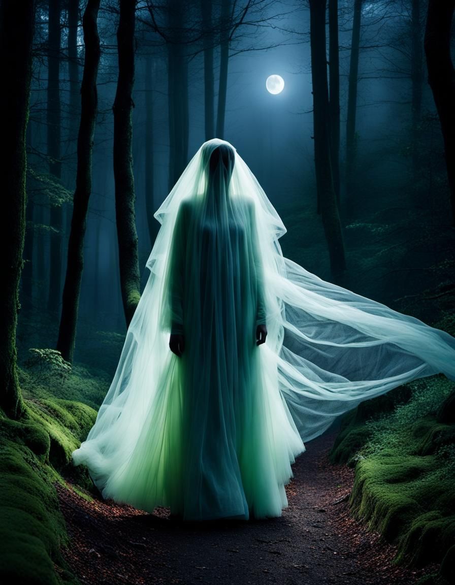 Ghostly Tulle Figure Floats Over Dark Forest