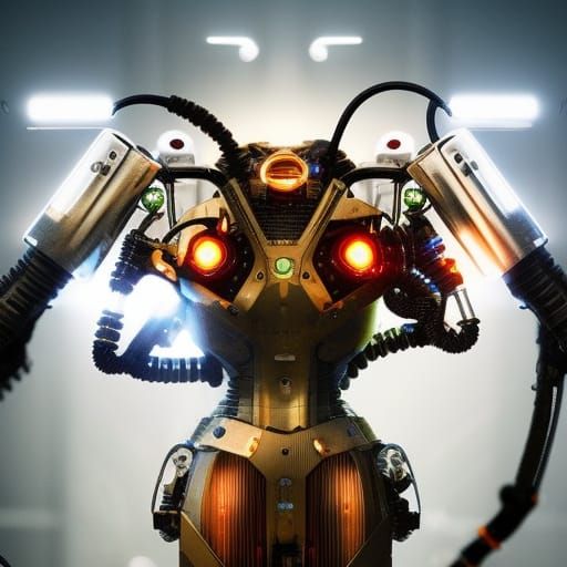 Mechatronic Cyborg Woman in Cyberpunk Sunset