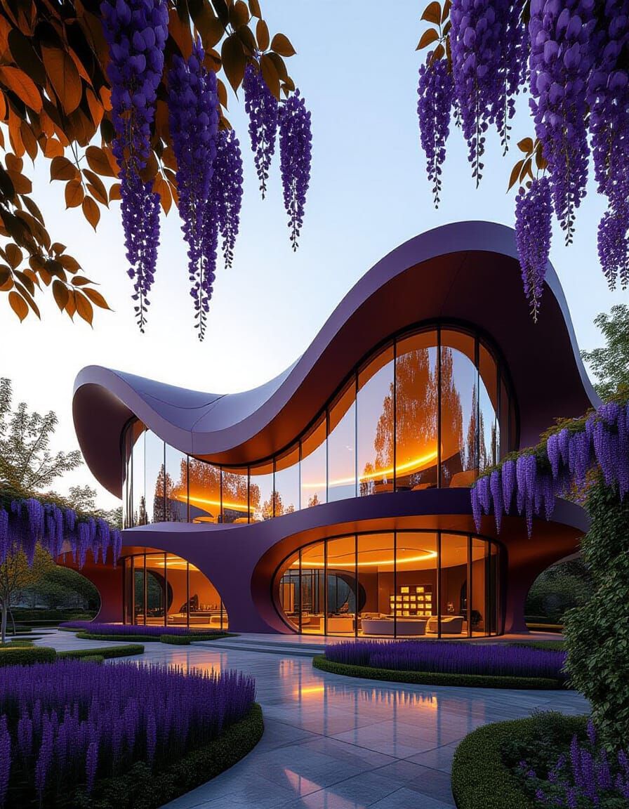 Modern Building with Undulating Roof in Plum and Purple Hues