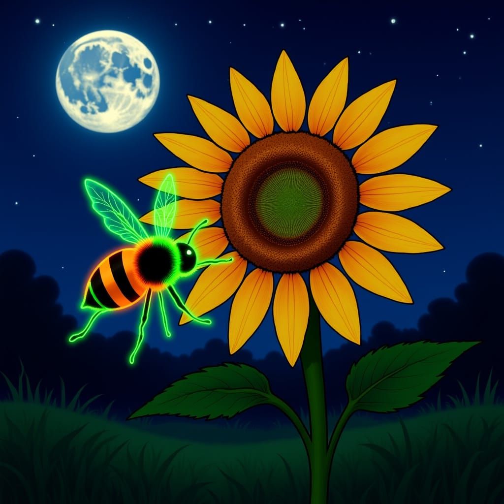 A bioluminescent honeybee, glowing with neon green and neon orange light, lands on a giant sunflower in a field at night...