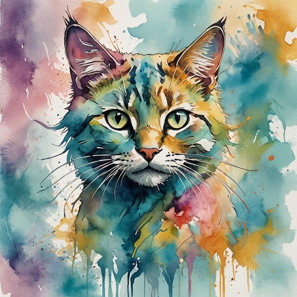 Abstract Watercolor Cat Silhouette in Pastel Shades